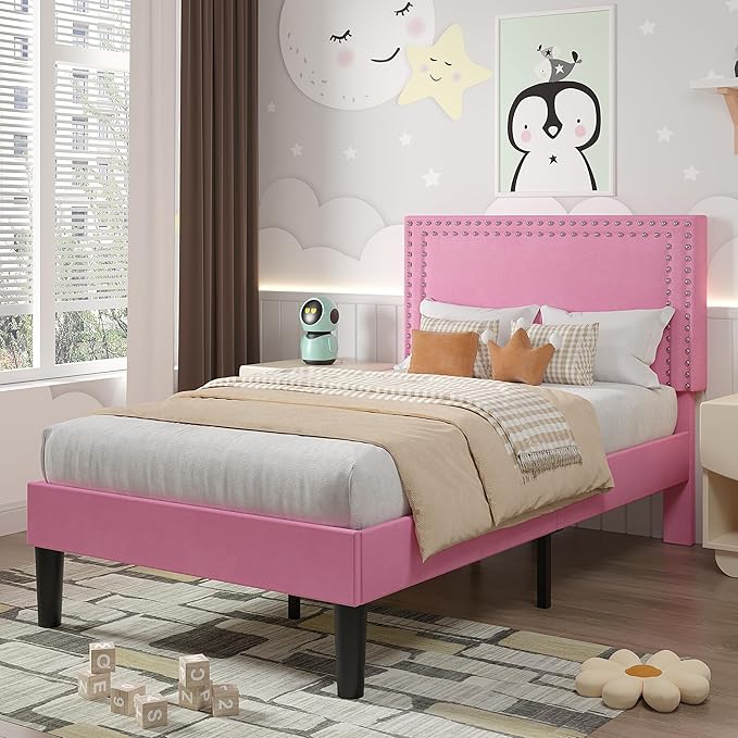 VECELO Twin Size Platform Bed Frame with Height Adjustable Upholstered Headboard, Modern Mattress Foundation,Strong Wood Slat Support, No Box Spring Needed, Easy Assembly,Pink
