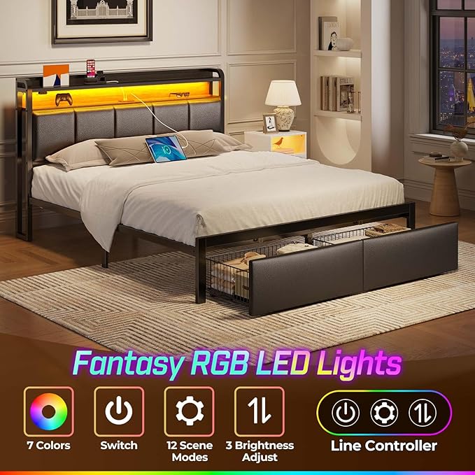 Rolanstar Bed Frame Queen Size with Charging Station and LED Lights, Upholstered Headboard with Storage Shelves, Heavy Duty Metal Slats, No Box Spring Need, Noise Free, Easy Assembly, Black