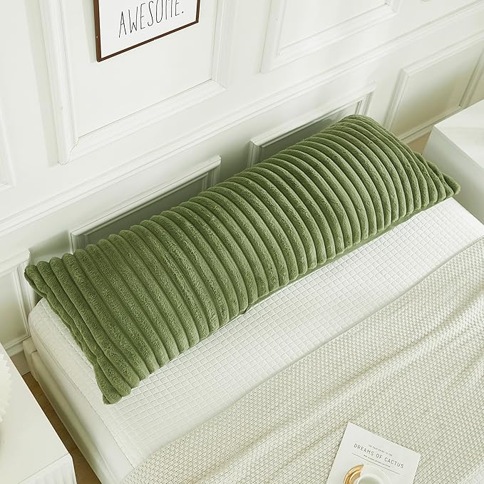 JAUXIO Faux Fur Fluffy Body Pillow Cover Luxury Textured Vertical Stripe Plush Decorative Body Pillowcase, Ultra Soft and Cozy Zipper Closure 21 x 54 Inches, Sage
