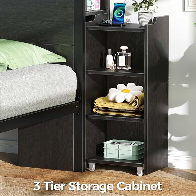 Rolanstar Full Size Bed Frame with Bookcase Storage Headboard, Slide Out Bedside Storage, Bed with Charging Station & LED Lights, Heavy Duty Metal Slats, No Box Spring Needed, Noise Free, Black