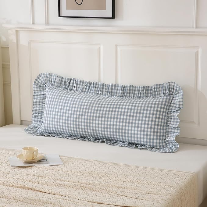 Light Blue/White Ruffled Long Lumbar Gingham Pillow Sham 14x36 inches 1 Piece, Pure Cotton Decor Pillowcase Farmhouse Vintage Cushion Cover for Bed Livingroom