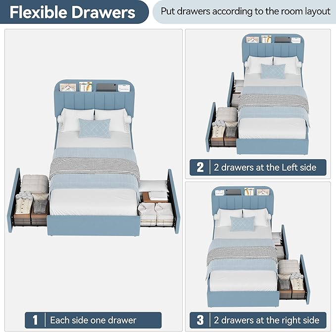 Garvee Twin Size Bed Frame with 2 Flexible Drawers, Boucle Upholstered Platform Bed Frame with Bookcase Headboard, Bedframe for Kids/Boys, Easy Assembly, No Box Spring Needed, Noise Free, Blue