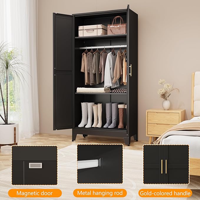 Metal Armoire Wardrobe Closet with Hanging Rod, Clothing Storage Cabinet with Adjustable Shelves for Laundry Room, Bedroom, Home Office, Bathroom, 71" Black