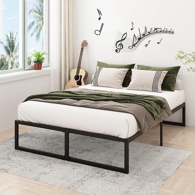 Lutown-Teen 14 Inch Full Size Bed Frame No Box Spring Needed, Heavy Duty Metal Platform Beds with Sturdy Steal Slats for Mattress Foundation, Easy Assembly, Noise Free, Black