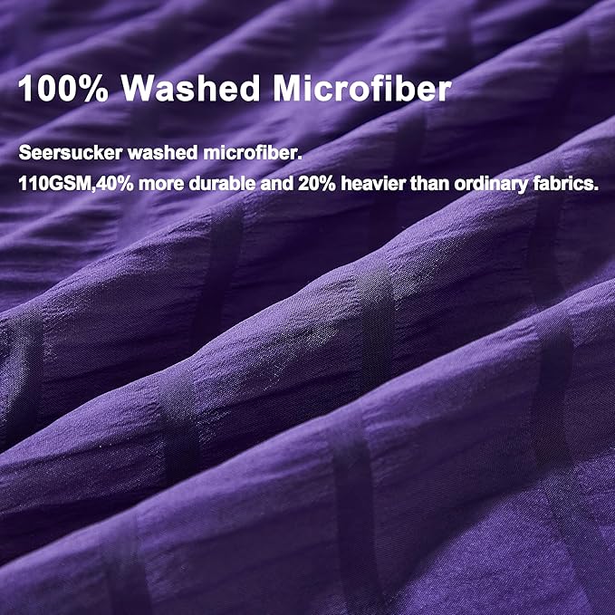 AveLom Dark Purple Duvet Cover Cal King(104 x 98 inches), 3 Pieces (1 Duvet Cover, 2 Pillowcases), Seersucker Striped Soft Washed Microfiber, Textured Duvet Cover Set with Zipper Closure, Corner Ties
