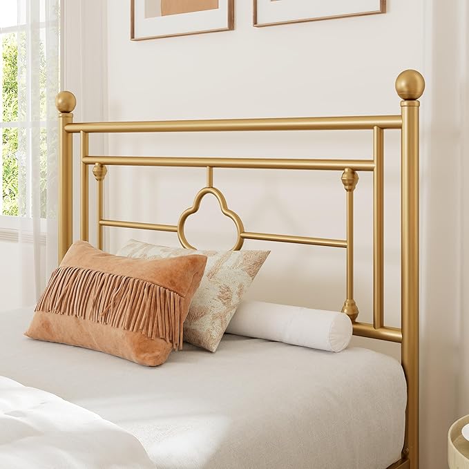 Allewie Twin Size Metal Platform Bed Frame with Victorian Vintage Headboard and Footboard/Mattress Foundation/Under Bed Storage/No Box Spring Needed/Noise-Free/Easy Assembly, Gold