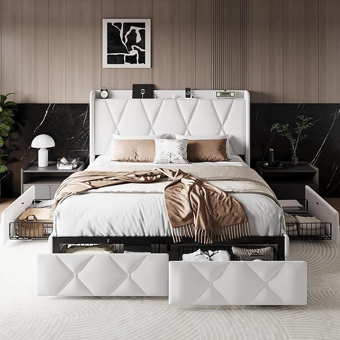 Einhomn Full Size Bed Frame with 4 Storage Drawers and Charging Station, Upholstered Platform Bed Frame with Storage Headboard, No Box Spring Needed, Easy Assembly, White