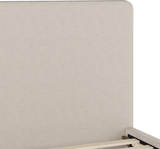 Martha Stewart Britta Platform Bed with Headboard & Footboard, Faux Linen Upholstery with Piping Detail, Rounded Headboard, No Box Spring Needed, Full, Beige