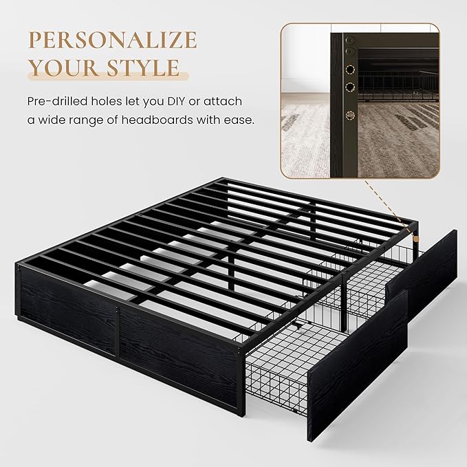 SHA CERLIN Queen Platform Bed Frame with 2 Large Storage Drawers - Heavy Duty Metal & Rustic Wood, Noise-Free, No Box Spring Needed, Black