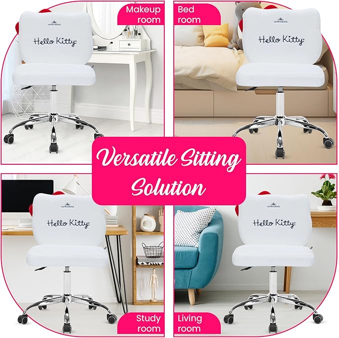 Impressions Vanity Hello Kitty Teddy Swivel Vanity Chair for Makeup Desk, Armless Rolling Chair with Wheels, Adjustable Height, 360 Degree Swing, Comfy Foam Padded Seat and Backrest (Teddy White)