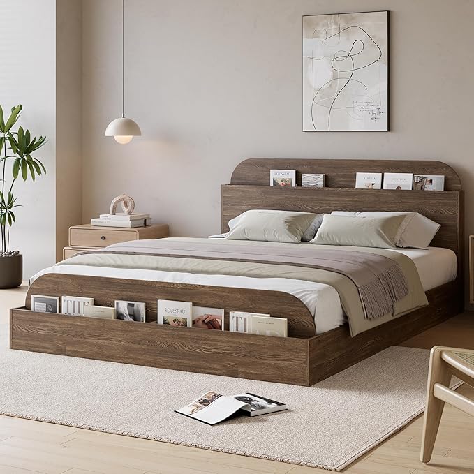 GarveeHome Full Size Bed Frame, Wooden Beds with Storage Headboard and Raised-Foodboard, Full-Floor Low Platform Bed for Bedroom, Sturdy Wooden Slats Support, No Box Spring Needed, Walnut