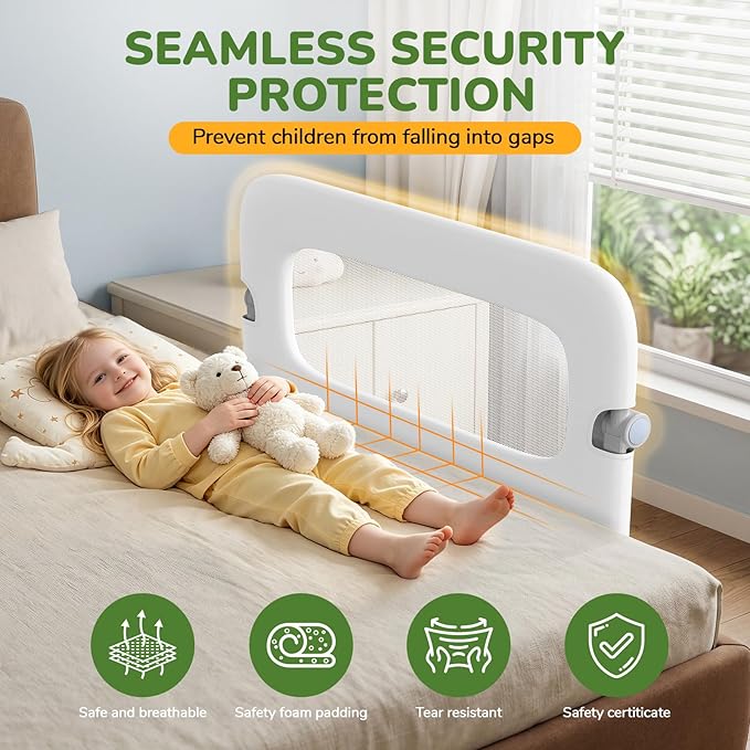 Bed Guard Rail for Toddlers - 32" Adjustable Heights & Folding up Portable Bed Railing for Baby - Toddler Bed Rails Guard for Crib, Twin, Bunk,Full Size, Queen & King Bed(White)