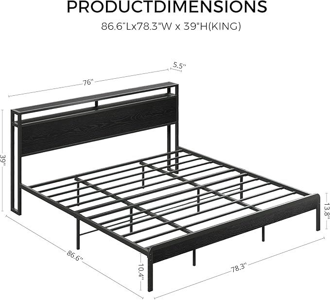 LIKIMIO King Bed Frame with Headboard, Dark Wood Camas King with Strong Supports, Sturdy, Noise-Free, No Box Spring Needed, Black