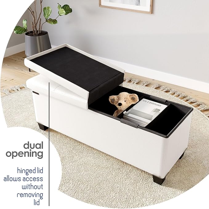 Storage Ottoman Bench with Bins, 43-in Storage Bench for Bedroom End of Bed, Folding Foot Rest Ottoman for Living Room Max 660lbs, Faux Leather Ottomans, Cream