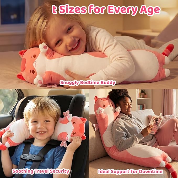 Mewaii Long Cat Plush 5 Sizes, 120% Extra Filling Giant Plushness Kids Body Pillow, Kawaii Cute Pink Cat Stuffed Animals Plushies, Big Long Body Pillow Cat Plush Gift for Girls 44”