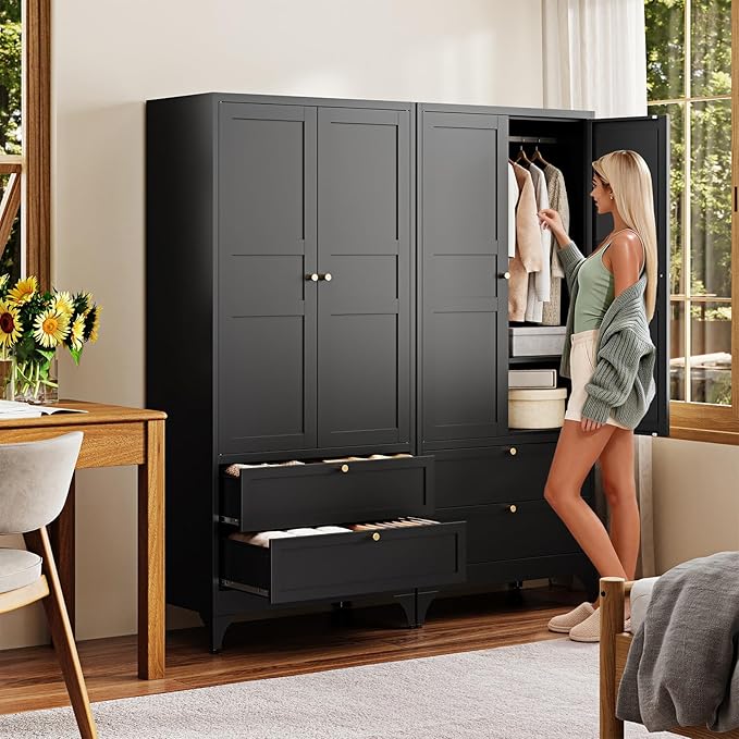 Letaya 71" Metal Wardrobe Cabinets with 2 Drawers,Steel Armoire Wardrobe Closet with Doors and Shelves,Clothing Storage Cabinets with Hanging Rod for Bedroom, Gym, Cloak Room,Black
