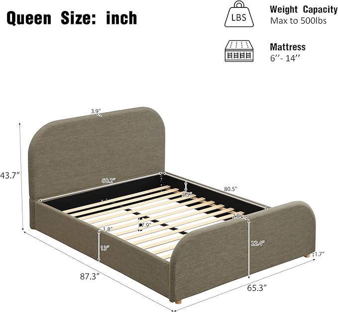 Christopher Knight Home Lanet Linen Upholstered Queen Size Bed Frame with Headboard, Modern Queen Bed Frame and Headboard, Wooden Slats Support, Easy Assembly, No Box Spring Needed, Olive Green