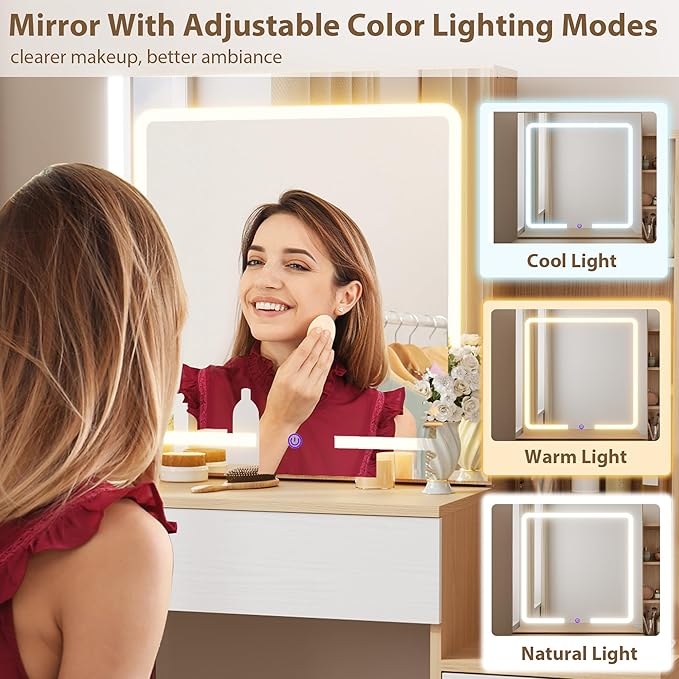 IDEALHOUSE Vanity Desk with Mirror and Lights, Vanity Table and Chair Set with 4 Drawers and Charging Station, Dresser LED Sliding Mirror with 3 Color Modes Adjustable Storage Shelves, Natural+White