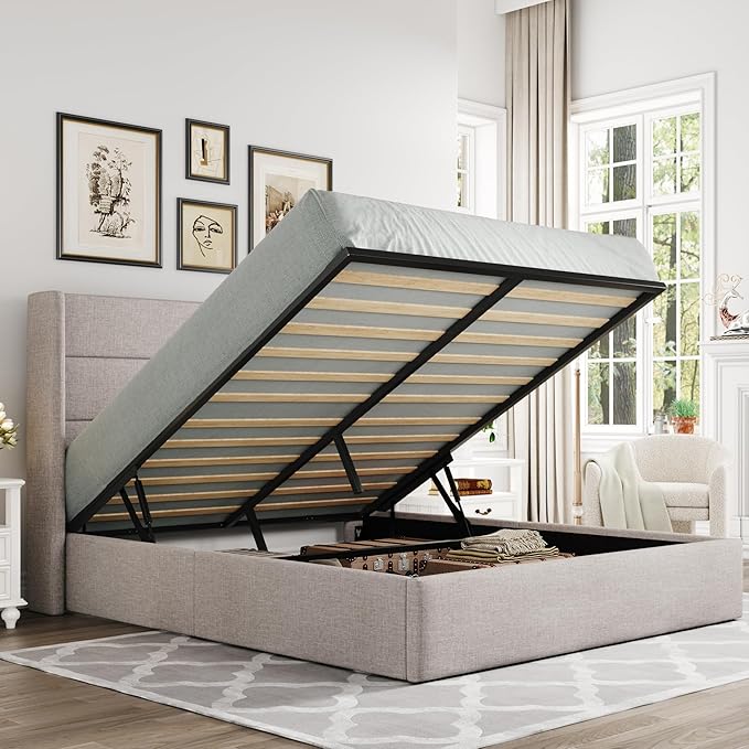 Allewie Queen Size Lift Up Storage Bed, Modern Wingback Headboard, Hydraulic Support, No Box Spring Needed, Light Beige
