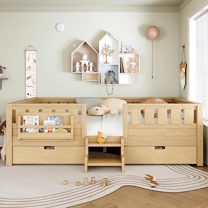 Bellemave Queen Bed with Storage Drawers & Bookshelf, Low Profile Kids Bed Frame with Staircase & Full Length Guardrails, Solid Wood Queen Bed for Kids with Slats Load 550LBS, Easy Assembly, Natural