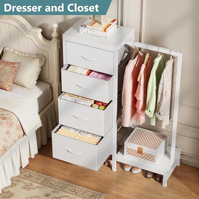 HIGDBFE Tall Dresser 44''H with Hanging Rack, 4 Drawers Small Closet Dresser for Bedroom, Reversible Fabric Chest of Drawers with Clothes Rack, Tall Storage Tower, Sturdy Frame, White