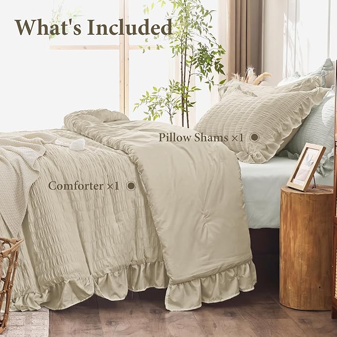 JOLLYVOGUE Twin Size Comforter Set, 2 Pieces Linen Seersucker Lightweight Fluffy Bedding Set, Twin Ruffle Comforter, All Season Soft Microfiber Shabby Chic Bed Set