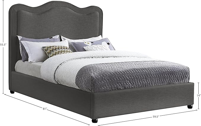 Meridian Furniture FelixGrey-F Felix Collection Modern | Contemporary Linen Textured Fabric Upholstered Bed with Curved Headboard and Espresso Wood Legs, 59.5" W x 81" D x 55.5" H, Grey, Full