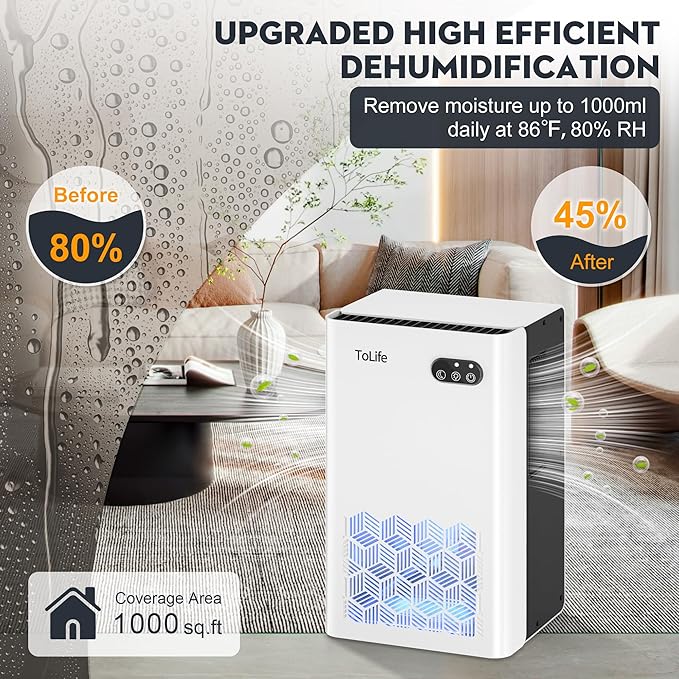 ToLife Dehumidifier for Home, 1000 sq.ft Dehumidifiers for Basement Bedroom Bathroom with 95 OZ Water Tank, Auto Shut Off 7 Colors LED Light, White Black