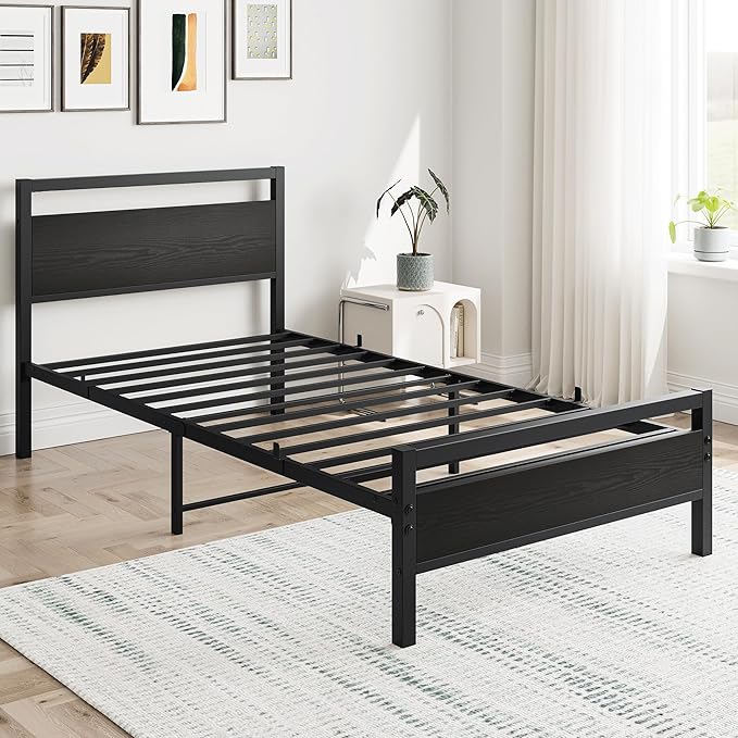 HOJINLINERO Black Twin Bed Frame with Wood Headboard,Metal Single Platform Bed Frame Twin Size No Box Spring Needed,Heavy Duty Metal Slats Support,Mattress Base,Noise Free,Easy Assembly,Black