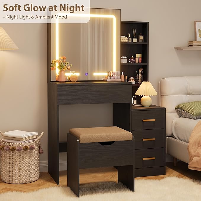 IDEALHOUSE Vanity Desk with Mirror and Lights, Vanity Table and Chair Set with 4 Drawers and Charging Station, Dresser LED Sliding Mirror with 3 Color Modes Adjustable Storage Shelves, Black