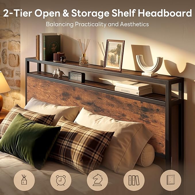 LIKIMIO Queen Bed Frame with 12 Fabric Storage Drawers, Industrial Platform Bed Frame with Headboard, No Box Spring Needed, Sturdy Metal Slat Support, Rustic Brown, Noise-Free, Easy Assembly