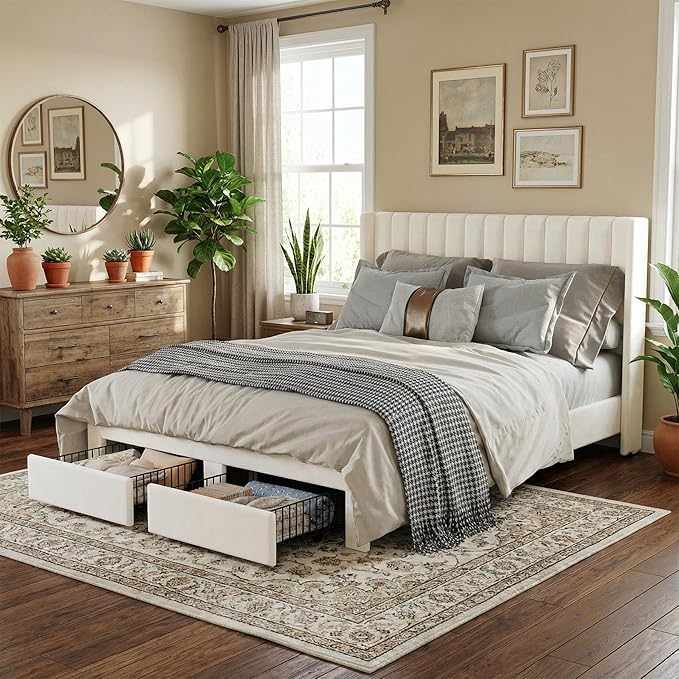 GarveeHome Queen Size Bed Frame, Bed Frame Upholstered Platform Bed with Velvet Headboard, Wing Edge Design, 2 Storage Drawers, No Box Spring Needed, White