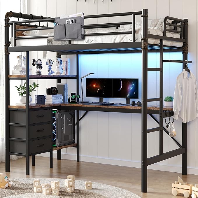 Twin Size Loft Bed with L-Shaped Desk, LED Lights,Charging Station, Industrial Heavy Duty Metal Loft Bed Frame with 3 Storage Shelves and 3 Fabric Drawers, Safety Guard & Ladder, Vintage Brown