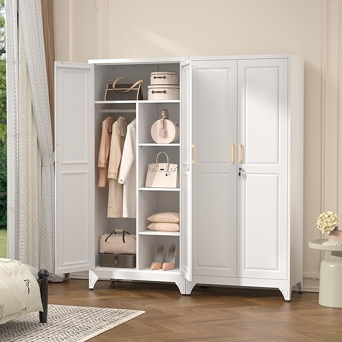 Polup Metal Armoire Wardrobe Closet with Doors, 71" Tall Wardrobe Cabinet with Lock, Hanging Rod and 3 Adjustable Shelves, Steel Clothing Storage Cabinet for Bedroom, Home Office, Employee, Gym, White
