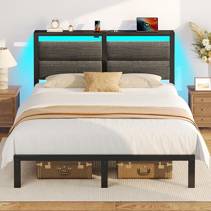 Rolanstar Queen Bed Frame with Charging Station, LED Bed Frame Queen with Upholstered Storage Headboard, Platform Bed with Metal Slats & Under Bed Storage, No Box Spring Needed, Noise Free, Grey
