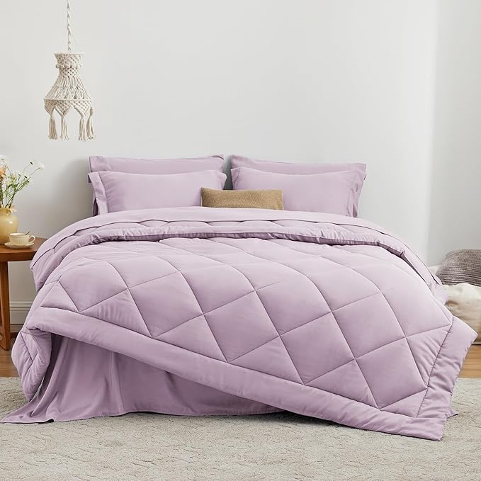 Love's cabin Full Comforter Set Light Purple, 7 Pieces Full Bed in a Bag, All Season Bedding Sets with 1 Comforter, 1 Flat Sheet, 1 Fitted Sheet, 2 Pillowcase and 2 Pillow Sham | Soft, Breathable, Lightweight, Comfortable