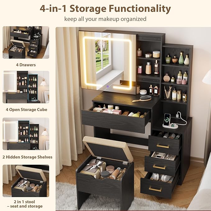 GarveeHome Makeup Vanity Desk with Sliding Mirror, Vanity Dressing Table with 3 Color Adjustable Lights, Girls Vanity Set with Stool, 4 Compact Vanity Drawers, Power Outlet, Black