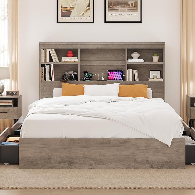 IDEALHOUSE Queen Bed Frame with Storage Headboard, Wooden Bed Frame with Charging Station, Storage Bookcase & Queen Size Platform Bed with 4 Drawers, No Box Spring Needed, Noise-Free, Vintage Grey
