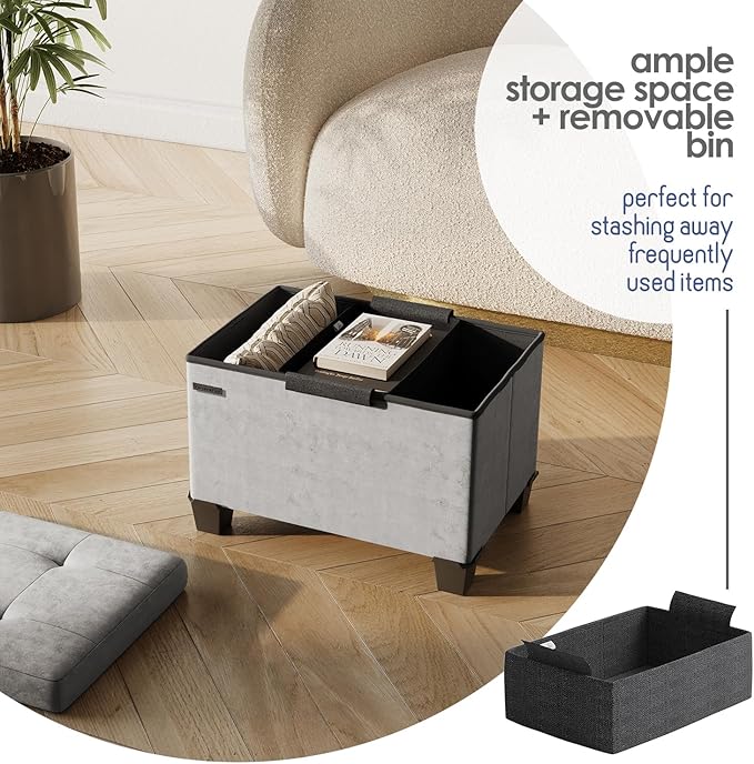 Storage Ottoman Cube with Small Bin, 16-in Square Ottoman with Storage for Living Room and Bedroom, Small Ottomans Foot Rest, Velvet Foot Stools Ottomans Max 330lbs, Light Grey