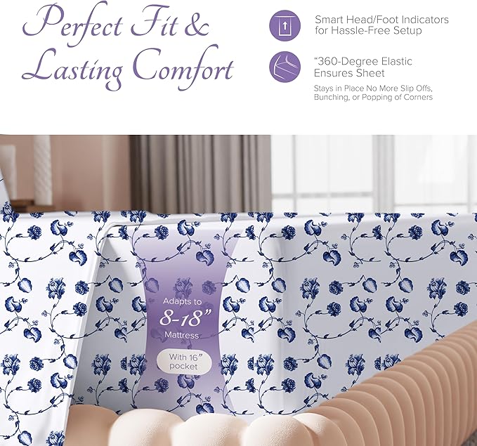 Carressa Linen Luxury Egyptian Cotton Twin XL Printed Sheet Set - 600 Series Extra Long Staple 3 PC Set, Floral Blue Twin XL Sheets, Soft, Cooling Sateen Weave Sheets Upto 18 in Deep Pocket