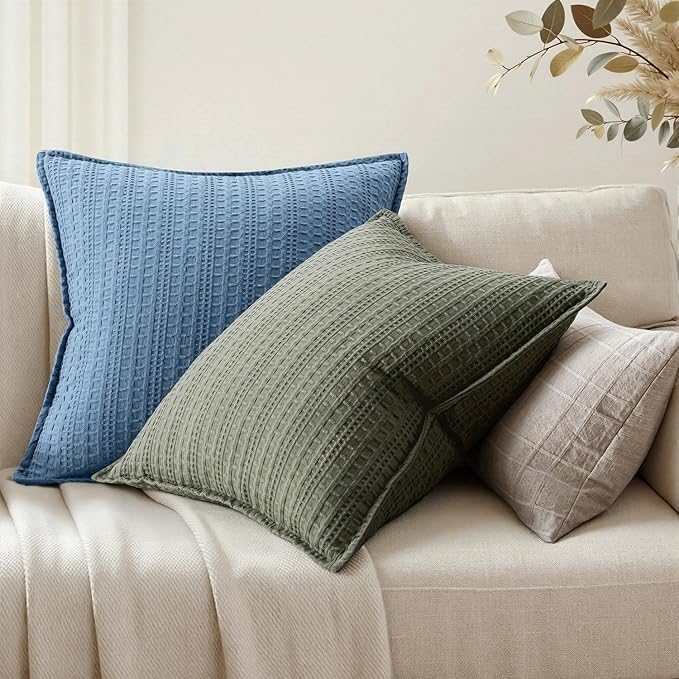 Set of 2 Decorative 100% Cotton Waffle Throw Pillow Covers 20x20, Neutral Coastal Euro Shams Weave European Cushion Cases for Couch Sofa Bed Modern Farmhouse Home Decor, Blue