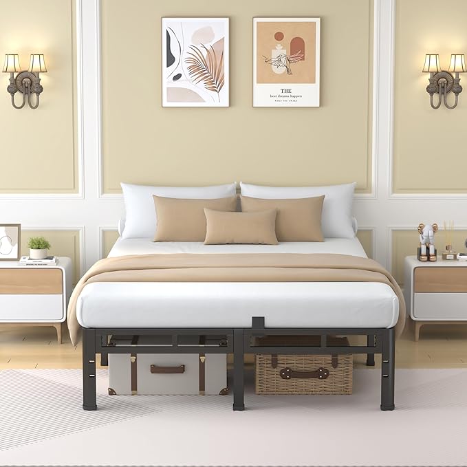 NKZ 12 Inch King Size Bed Frame, Metal Bed Frame & Box Spring 2 in 1 Platform with Round Corner Legs, 4000Lbs Heavy Duty Metal Frame, Mattress Slide Stopper, Headboard Hole, Noise-Free, Easy Assembly