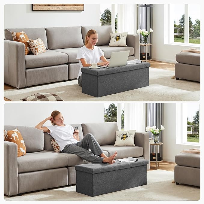 DUMOS 43 Inch Folding Storage Ottoman Bench, Large Hidden Storage Chest withThicker Foam Padded Seat, End of Bed Foot Rest Stool for Bedroom Living Room Entryway, Load 660 lbs, Grey