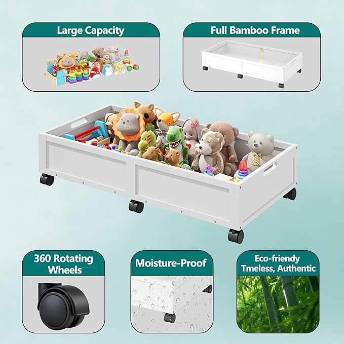 WISUCART Wood Under Bed Storage Containers Underbed Organizer with Wheels Sturdy Wood Rolling Under Bed Shoe Storage Organizer 2 Packs (White, Large)