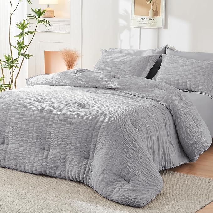 HYMOKEGE Light Grey Oversized King Comforter Set Seersucker 7 Pieces, All Season Luxury Bed in a Bag for Bedroom, Bedding Set with Comforter, Sheets, Pillowcases & Shams