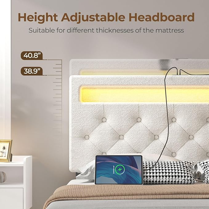 Rolanstar Queen Bed Frame with 4 Drawers and Charging Station,Twin Bed with Led Lights, Adjustable Upholstered Headboard 38.9/40.8 Inches, Sturdy, No Box Spring Needed, Natural White