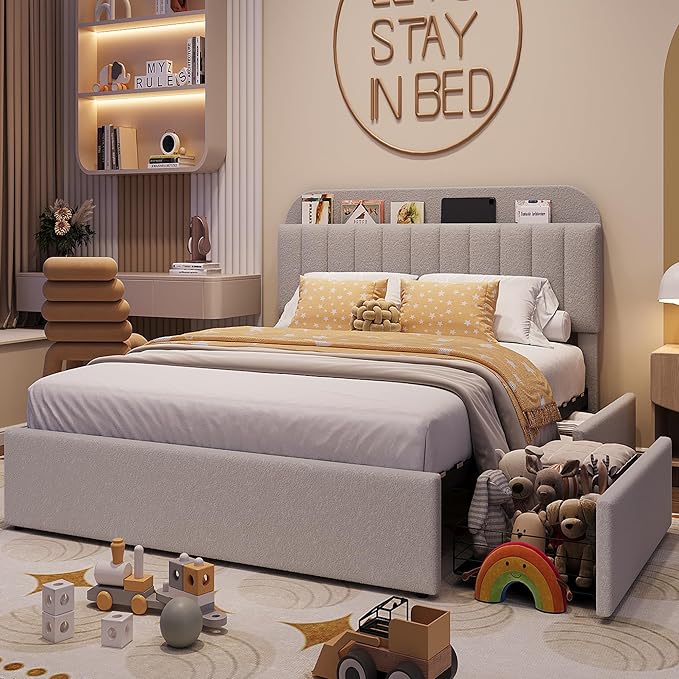 IDEALHOUSE Full Bed Frame with 2 Flexible Drawers and Bookcase Headboard, Boucle Upholstered Platform Bed for Boys/Girls, Noise-Free, Easy Assembly, No Box Spring Needed, Gray