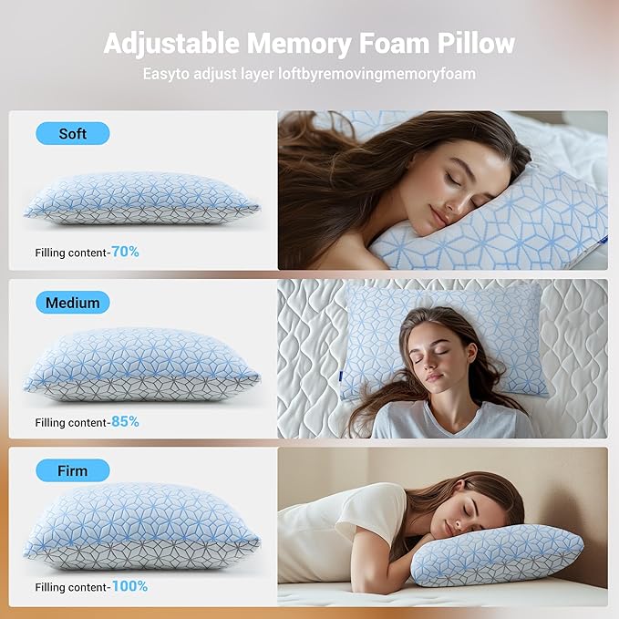 puredown® Pillows Queen Size Set of 2, Cooling Pillow Queen Size 2 Pack, Adjustable Shredded Memory Foam Pillows for Side Back Stomach Hot Sleepers, Ice Blue