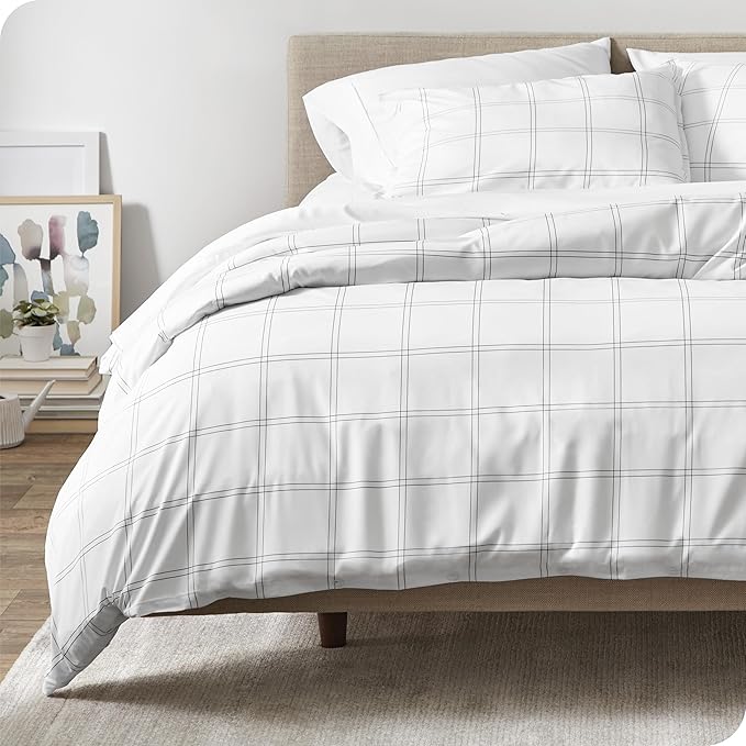 Bare Home Bedding Duvet Cover King Size - Premium 1800 Super Soft Collection - Lightweight, Cooling - Soft Breathable Bedding Duvet Cover (King, Modern Plaid - White/Grey)