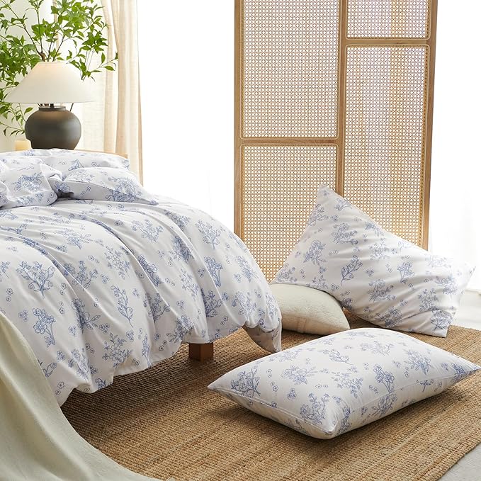 Nayoroom Blue Floral Duvet Cover Queen Size Cottagecore Flower Leaf Spring Comforter Cover 3 Pcs Soft Breathable Microfiber Pastoral Aesthetic Bedding Set with Zipper Closure